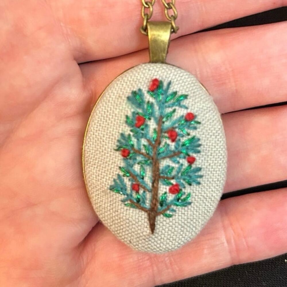 Handmade Pine Tree with Berries Embroidery Cameo Necklace